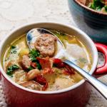 Italian zuppa toscana, a creamy potato soup made with sausage and kale.