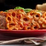 Baked ziti casserole with mozzarella cheese.