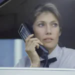 Woman talking on a large car phone