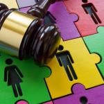 A gavel as a concept of law is over a puzzle of male and female figures as a concept of Alzheimer's.