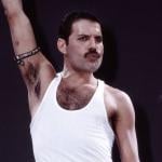 Freddie Mercury of Queen performs on stage at Live Aid at Wembley Stadium in July 1985 in London.