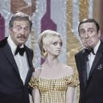 Dan Rowan, Goldie Hawn, and Dick Martin in a publicity still for "Rowan & Martin's Laugh-In," filmed at NBC Studios in Burbank, California, in 1969.