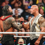 Roman Reigns and Dwayne "The Rock" Johnson exchange a handshake during WWE Raw, January 2025.