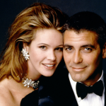 Australian model and actress Elle Macpherson and American actor George Clooney on the set of 'Batman & Robin,' 1997.