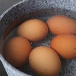 Five chicken eggs being boiled in a saucepan.