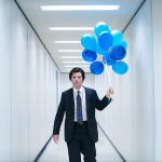 Adam Scott holding a balloon in a scene from 'Severance'