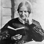 Lydia Maria Child reads a book on a front porch.