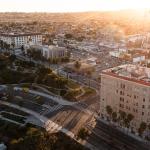 Aerial view of downtown San Pedro, Los Angeles during sunset.
