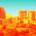 Illustration showing an intensely saturated skyline of a city against a blue background.