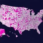 Map of the U.S. with varying degree of colors indicating where the least and most medical deserts are.