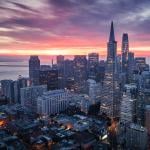 Aerial view of San Francisco skyline in California during sunrise.