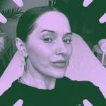 Colorful graphic of Sofie Pavitt in her skincare studio.