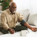 A senior black man measuring his blood pressure using a digital monitor.