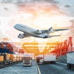 Import and export processes concept showing trains, trucks, a cargo ship and a plane.