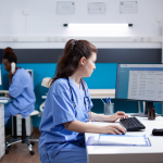 Nurse practitioners in scrubs filling out patient details on computers in a medical clinic