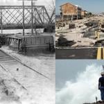A train underwater, a beach road destroyed after a storm and a figure watching palm trees bend in the waves and wind.
