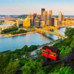 Overhead view of Pittsburgh at sunset.