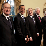 Former Presidents George HW Bush, Barack Obama, George W Bush, Bill Clinton and Jimmy Carter in the Oval Office, 2009