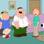 Peter, Lois, Meg, Chris, and Stewie Griffin with Bryan the Dog in the Family Guy livingroom
