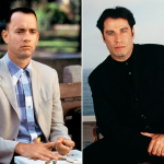 On left, Tom Hanks as Forest Gump; on right, John Travolta promoting ‘Pulp Fiction’ in Cannes in 1994.