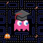 Pac-Man ghost wearing a graduation cap on a game maze.