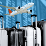 An illustration of a plane and four suitcases against a blue backdrop of a departure board.