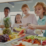 Children at the buffet in a canteen choosing their lunch. 