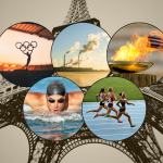 Five circular depictions of sport and climate against a backdrop of the Eiffel Tower.