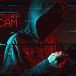 A hooded figure with a hidden face, using a tablet or similar device. The background is dark and features red and blue lighting effect. There are digital glitch effects throughout the image.