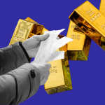 Photo illustration of a hand holding receipts against a backdrop of old bars.