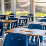 Desks in an empty classroom.