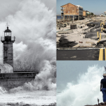 A lighthouse being hit with massive waves, a beach road destroyed after a storm and a figure watching palm trees bend in the waves and wind.