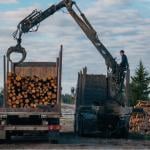 A large crane is positioned near the truck. The crane's arm is extended, holding a grapple that is lifting logs from the ground.