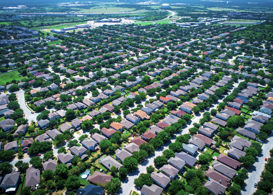 An aerial view of a crowded suburb in Austin, Texas.