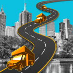 Illustration of illustrated moving vans driving along a highway with a cityscape in the background.