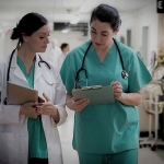 Two women in scrubs walking in a hospital hall looking at the clipboard.  