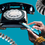 Photo illustration of a rotary phone and a person using a smartphone against a teal background.