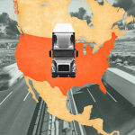 An image of a truck superimposed over an orange map of North America.