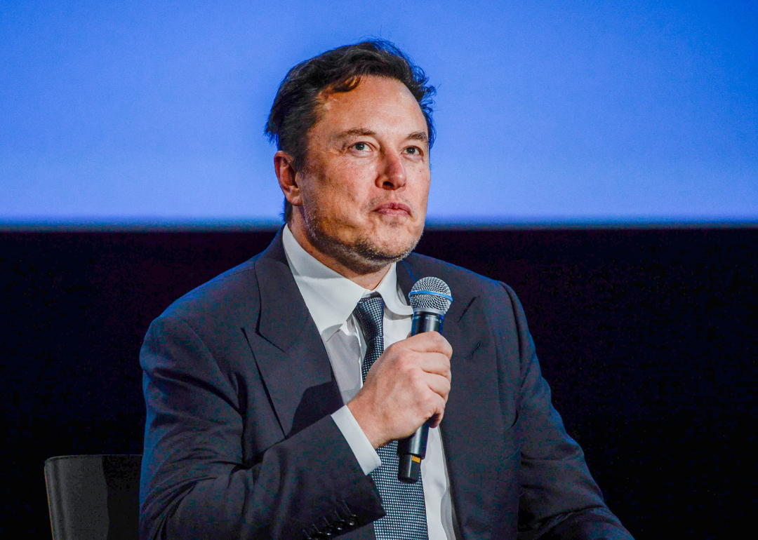 Elon Musk looking up as he addresses guests at the Offshore Northern Seas 2022 (ONS) meeting in Stavanger, Norway, on August 29, 2022.