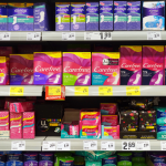 A store shelf displaying feminine products that are subject to the pink tax