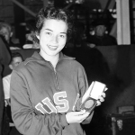 Vicky Draves shows off her gold medal at the 1948 Olympic games in London.