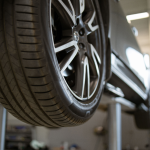 A car in a repair shop.