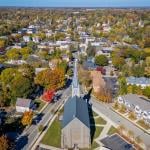 Old church overlooking downtown Cedarburg, Wisconsin.