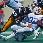 Linebacker Bryan Hinkle of the Pittsburgh Steelers tackles running back Randy McMillan of the Indianapolis Colts.