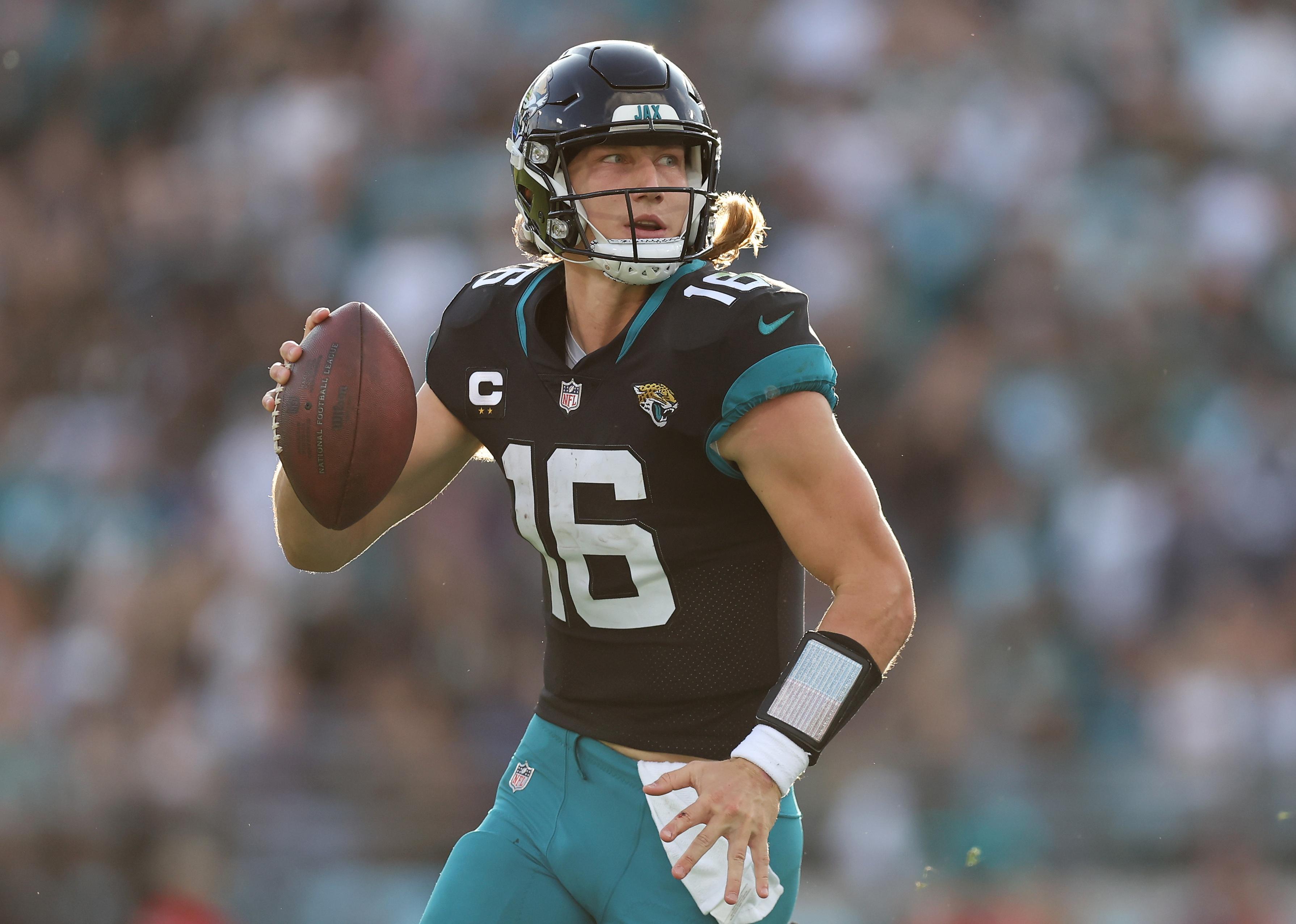 Trevor Lawrence of the Jacksonville Jaguars looks to pass during a game.