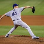 Rich Hill of the Los Angeles Dodgers pitches during a game