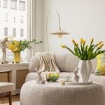 Living room with yellow accents.