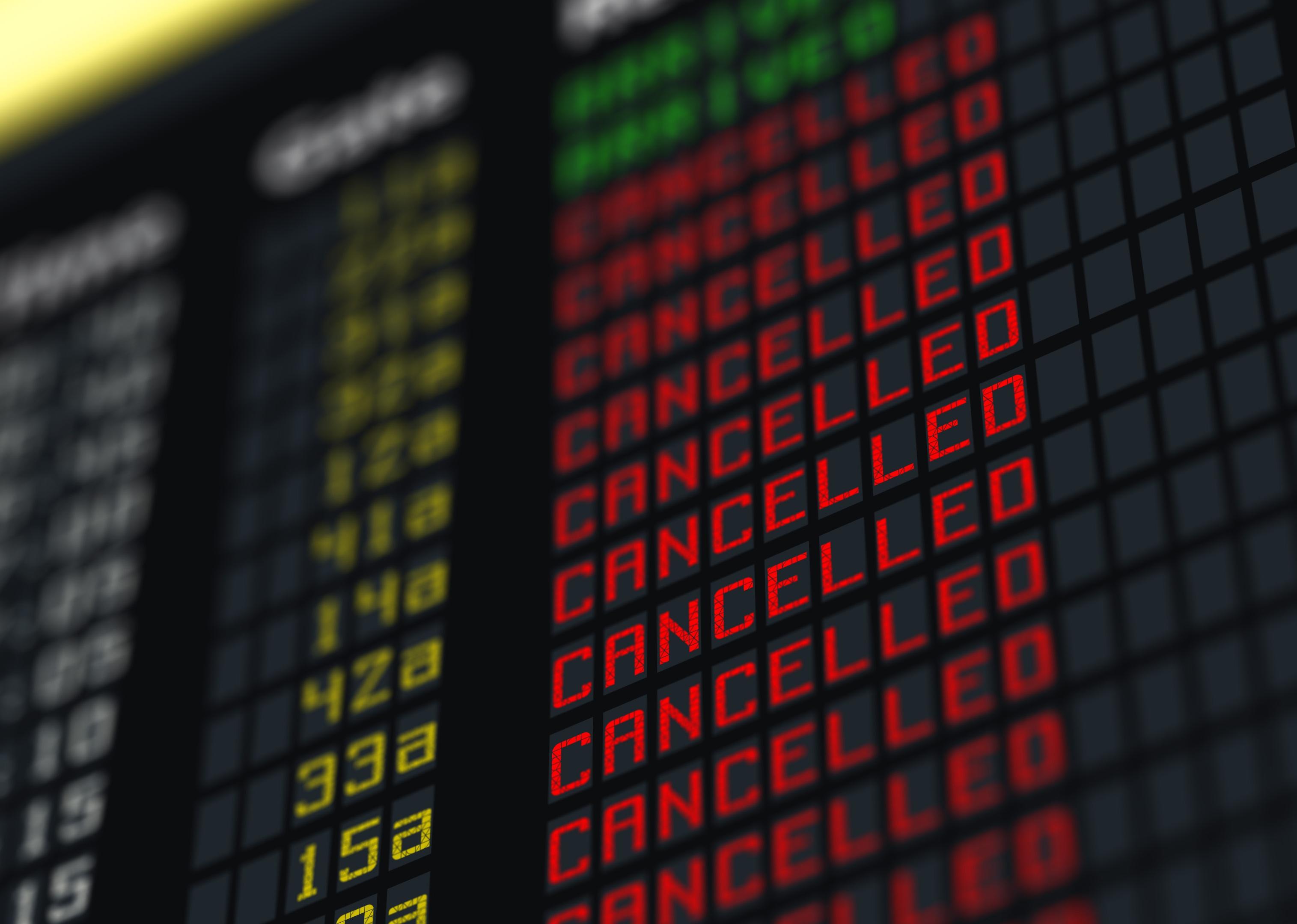 Flights canceled or delayed on information board