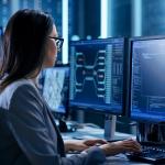 Over the shoulder angle of a business woman working in a monitoring room in front of computer screens.