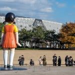 A view of the Seoul Olympic Stadium from the Olympic Park in South Korea and where tourists flock to photograph the giant "Yeonghee" doll from Squid Games.
